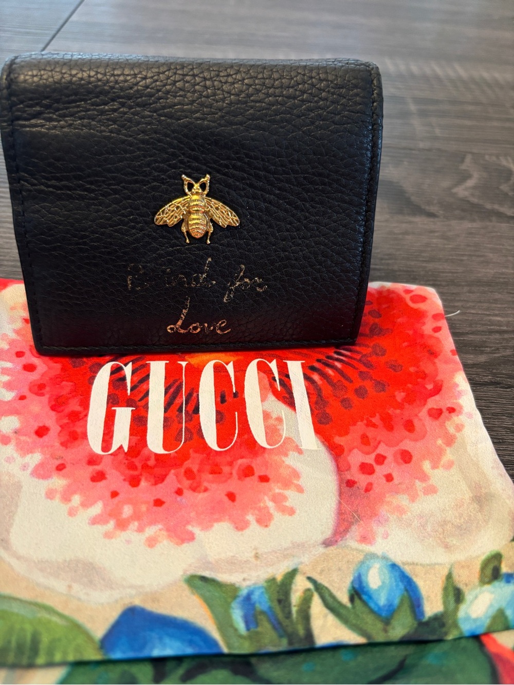 Gucci Black Leather Card Holder with Gold Bee Accent